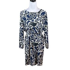 Loft Black, Navy, And White Dress With Tie Waist, Size M